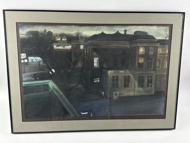 AMERICAN SCHOOL (20th Century,), Cityscape at dusk., Pastel on paper, 19" x 30". Framed 25.5" x 36".