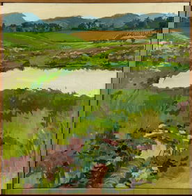 AMERICAN SCHOOL (20th Century,), "Pond and Fields Near Durham CT"., Oil on canvas, 18" x 19". Framed