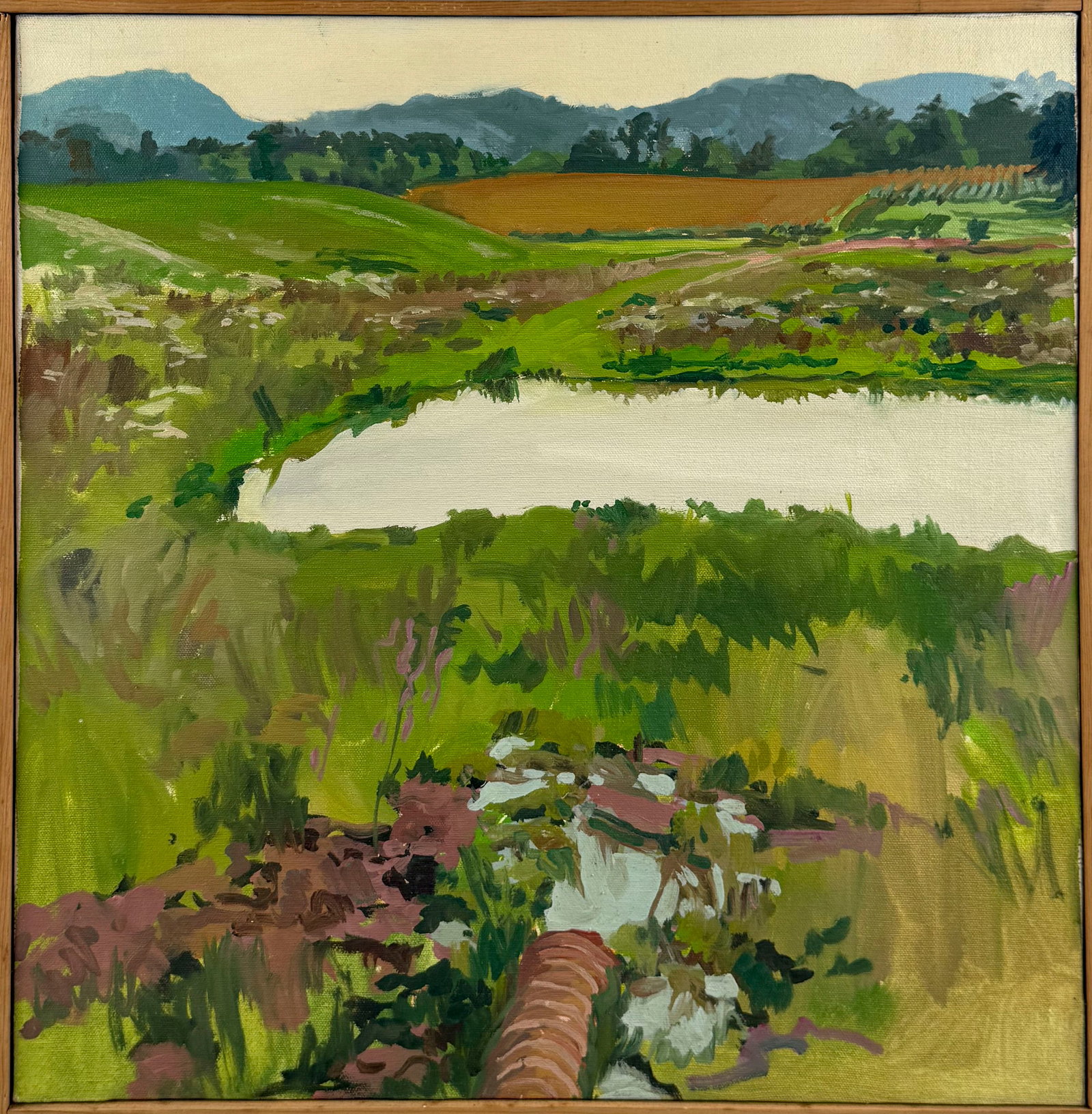 AMERICAN SCHOOL (20th Century,), "Pond and Fields Near Durham CT"., Oil on canvas, 18" x 19". Framed: AMERICAN SCHOOL 20th Century "Pond and Fields Near Durham CT". Signed "Chally[?]" and titled verso. Oil on canvas, 18" x 19". Framed 19" x 20".
