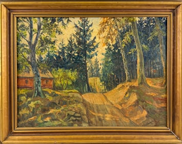 AMERICAN SCHOOL (20th Century,), Red cabin in the woods., Oil on canvas, 19" x 26". Framed 24.5" x