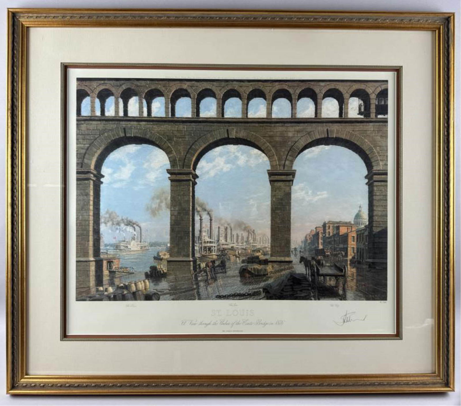 JOHN STOBART (Massachusetts/Florida/England, 1929-2023), "St. Louis A View Through the Arches of the: JOHN STOBARTMassachusetts/Florida/England, 1929-2023"St. Louis A View Through the Arches of the East Bridge in 1876". Signed in pencil lower right. Numbered 18/75.Limited edition lithograph on paper,