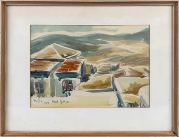 DAVID GILBOA (Romania/Israel, 1910-1976), Compound in a valley., Watercolor on paper, 10" x 14"