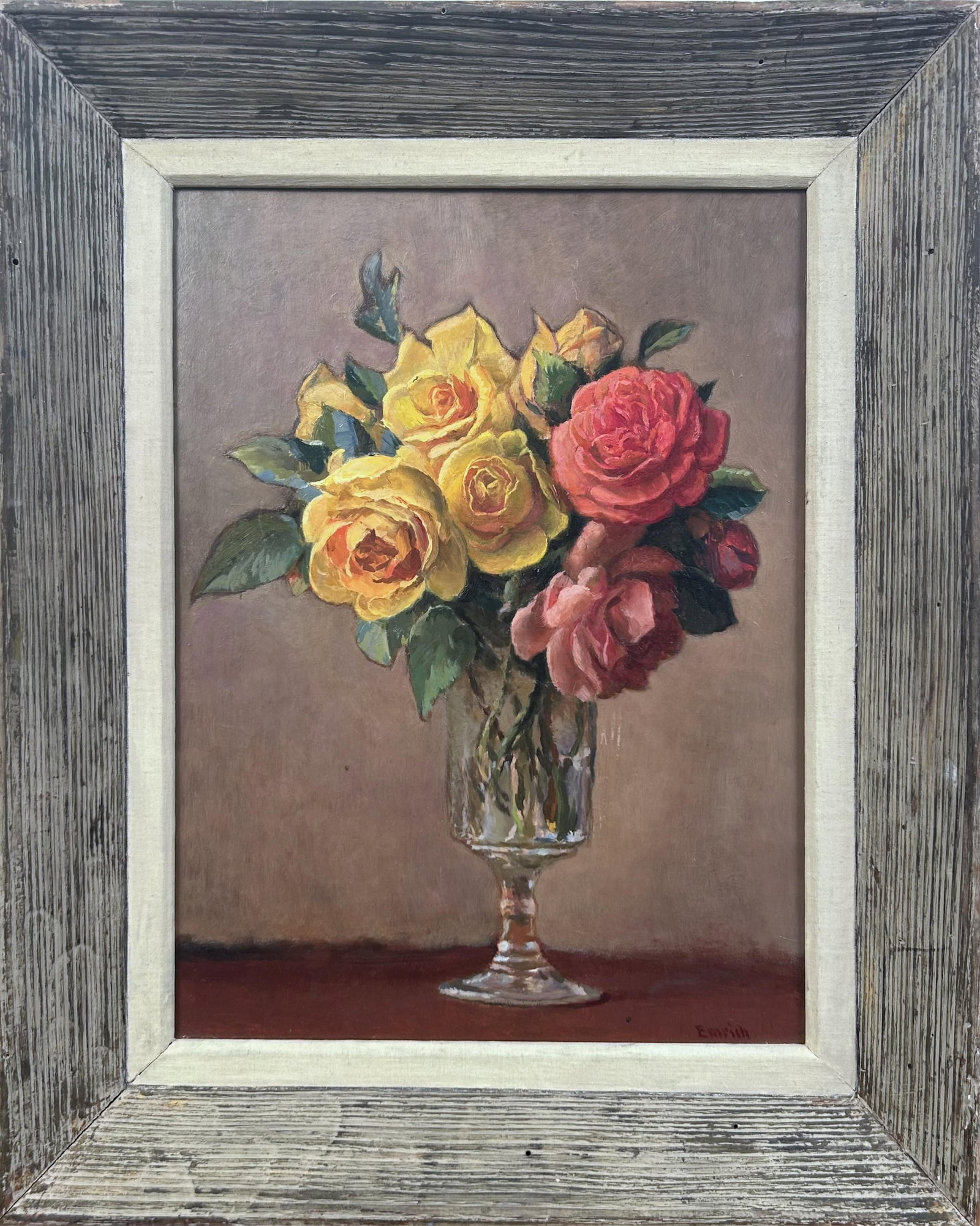 HARVEY EMRICH (New York/Indiana, 1884-1972), Bouquet of roses in a clear glass vase., Oil on panel,: HARVEY EMRICH New York/Indiana, 1884-1972 Bouquet of roses in a clear glass vase. Signed lower right "Emrich". Oil on panel, 16" x 12". Framed 20.5" x 16.5".