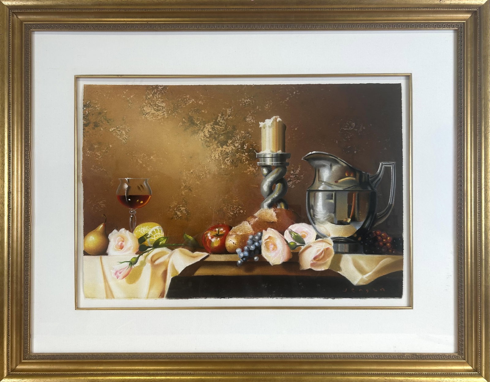 JAMES JENSEN (California, 1963-), Tabletop still life of a candle, wineglass, pitcher, fruit and: JAMES JENSEN California, 1963- Tabletop still life of a candle, wineglass, pitcher, fruit and roses. Signed lower right. Pastel on paper, 17" x 25". Framed 29.25" x 37.25".