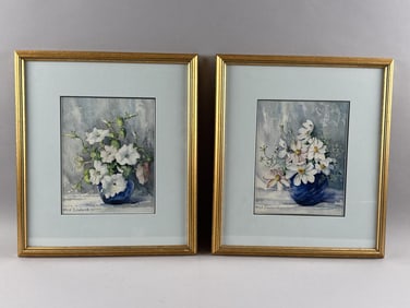 ALICE COWLARD (America, 20th Century), Pair of floral still lifes., Watercolors on paper, 9.5" x