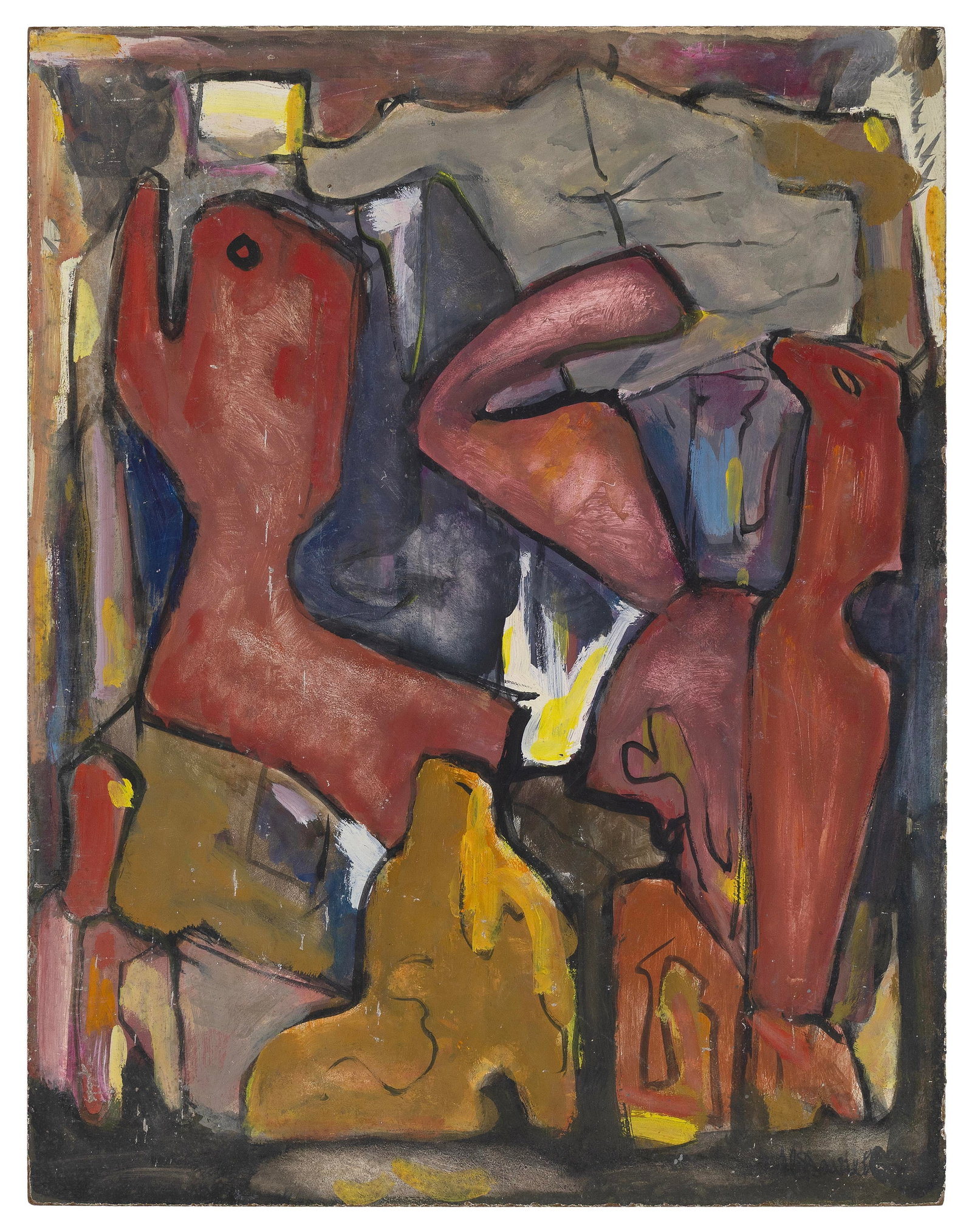 HAROLD CHRISTOPHER DAVIES (California, 1891-1976), Figural abstract., Mixed media on board, 17.75" x: HAROLD CHRISTOPHER DAVIES California, 1891-1976 Figural abstract. Signed lower right "H. Davies". Mixed media on board, 17.75" x 14". Unframed.