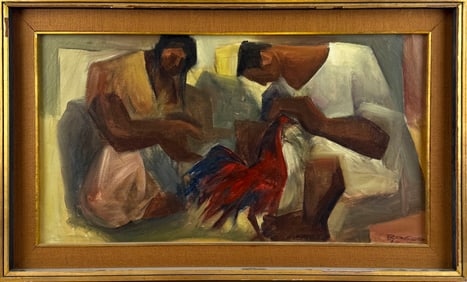 PAINTING OF TWO FIGURES AND A ROOSTER Mid-20th Century Oil on canvas, 17" x 31". Framed 21" x 35".