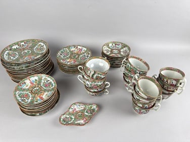 APPROX. 60 PIECES OF CHINESE ROSE MEDALLION PORCELAIN 19th Century Plate diameters to 8.75".