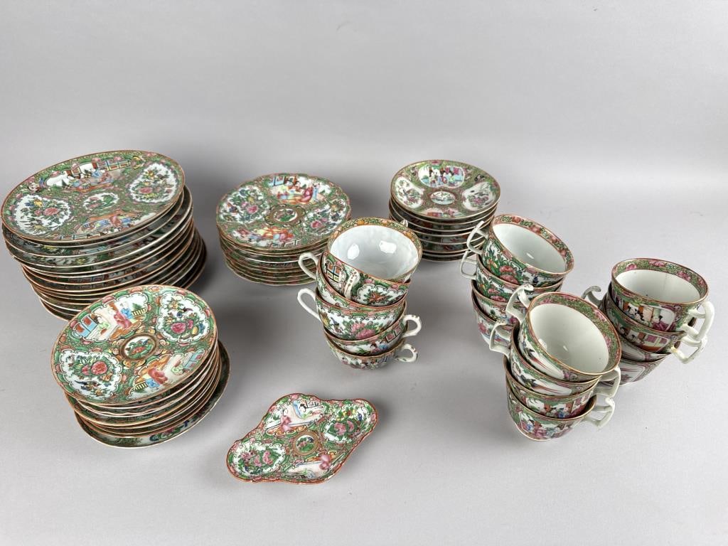 APPROX. 60 PIECES OF CHINESE ROSE MEDALLION PORCELAIN 19th Century Plate diameters to 8.75".: APPROX. 60 PIECES OF CHINESE ROSE MEDALLION PORCELAIN 19th Century Includes plates, cups and saucers. Plate diameters to 8.75".