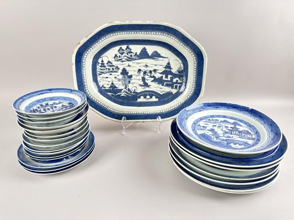 APPROX. 24 PIECES OF CHINESE CANTON PORCELAIN China, Mostly 19th Century Platter length 14.5".: APPROX. 24 PIECES OF CHINESE CANTON PORCELAIN China, Mostly 19th Century Includes plates and a platter. Platter length 14.5".