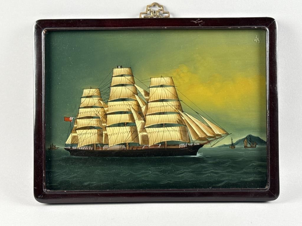 CHINESE EXPORT SHIP PORTRAIT REVERSE PAINTING ON GLASS 19th/20th Century 10.25" x 14". Framed 12" x: CHINESE EXPORT SHIP PORTRAIT REVERSE PAINTING ON GLASS19th/20th CenturyDepicts a three-masted ship flying a British red ensign and distant junks.10.25" x 14". Framed 12" x 16".