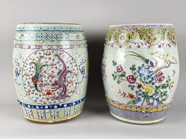 TWO CHINESE PORCELAIN GARDEN BARRELS Early 20th Century Heights 18".