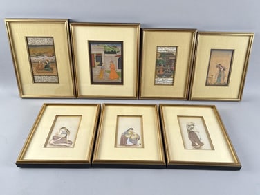 SEVEN INDIAN MOGHUL BOOK PAGES OR WATERCOLORS 19th Century Largest approx. 7.5" x 4" sight. Framed