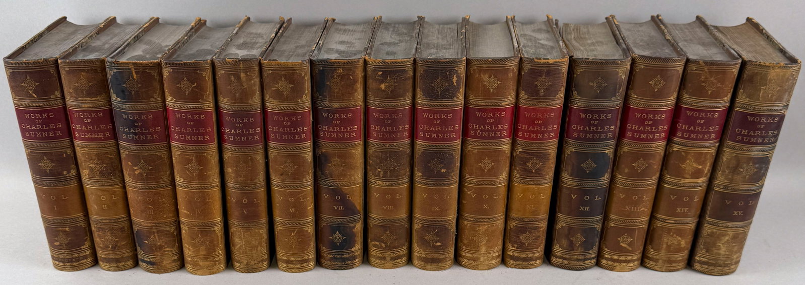 "THE WORKS OF CHARLES SUMNER" 15-VOLUME SET Late 19th Century 8" x 6".: "THE WORKS OF CHARLES SUMNER" 15-VOLUME SET Late 19th Century Boston: Lee and Shepard, 1870-1883. Subscriber's Copy set. Three-quarter leather with marbleized boards. Marbled endpapers. 8" x 6".