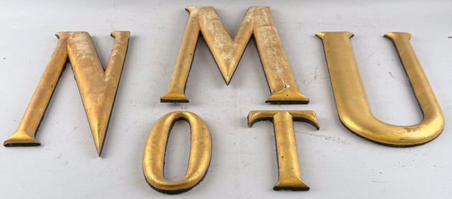 FIVE WOODEN GILT-PAINTED LETTERS Heights from 5.5" to 13.5".