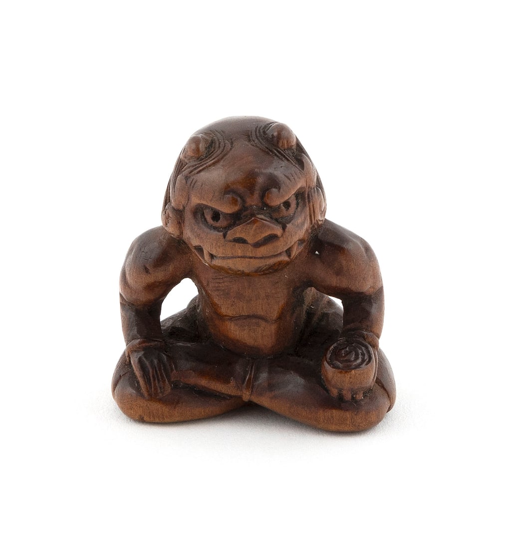 JAPANESE CARVED WOOD NETSUKE BY CHOKUSEN 19th Century Height 1.75". (1 of 5)