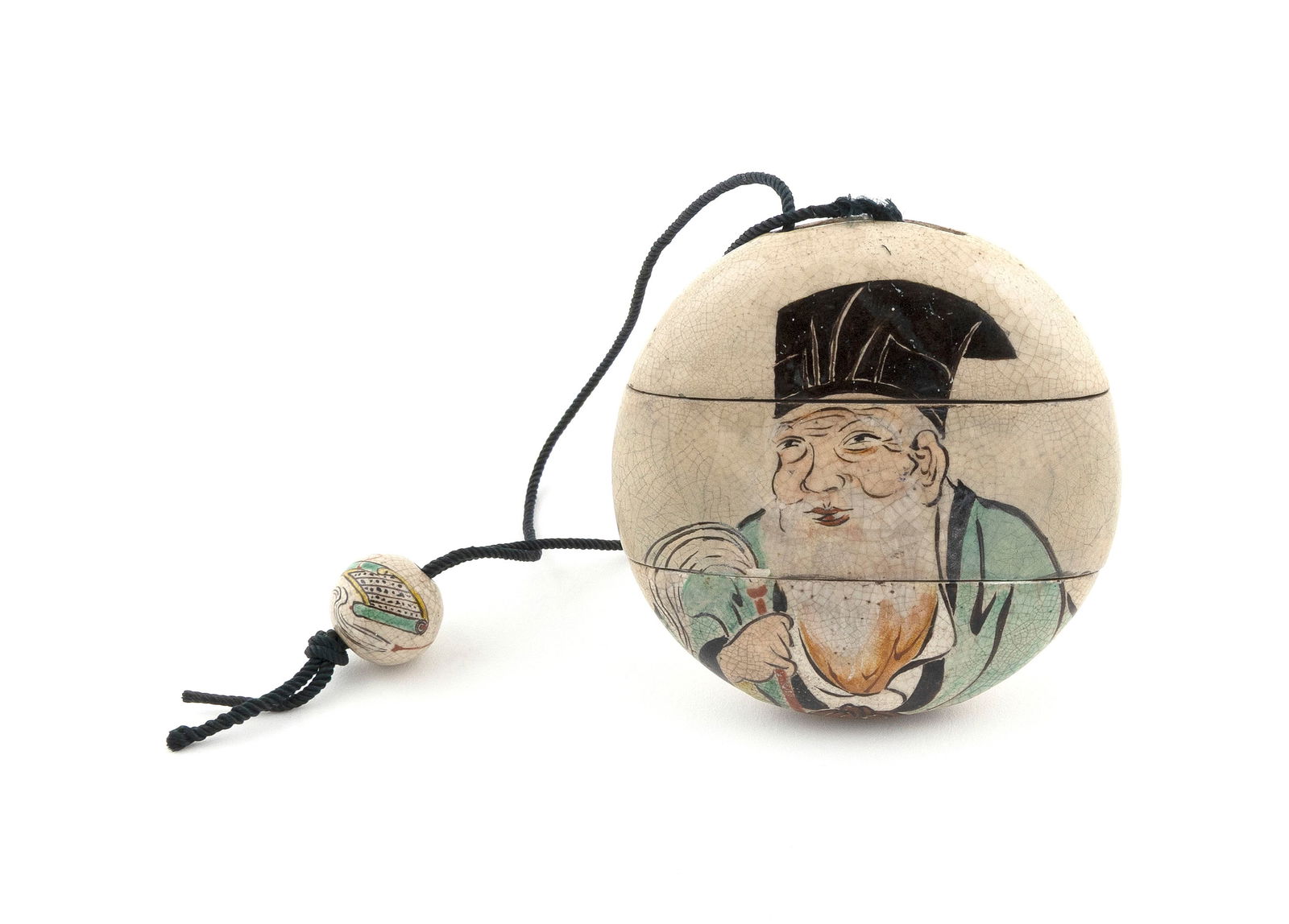 CERAMIC TWO-CASE INRO AND MATCHING OJIME 19th Century Inro height 2.75". Ojime diameter approx. (1 of 4)