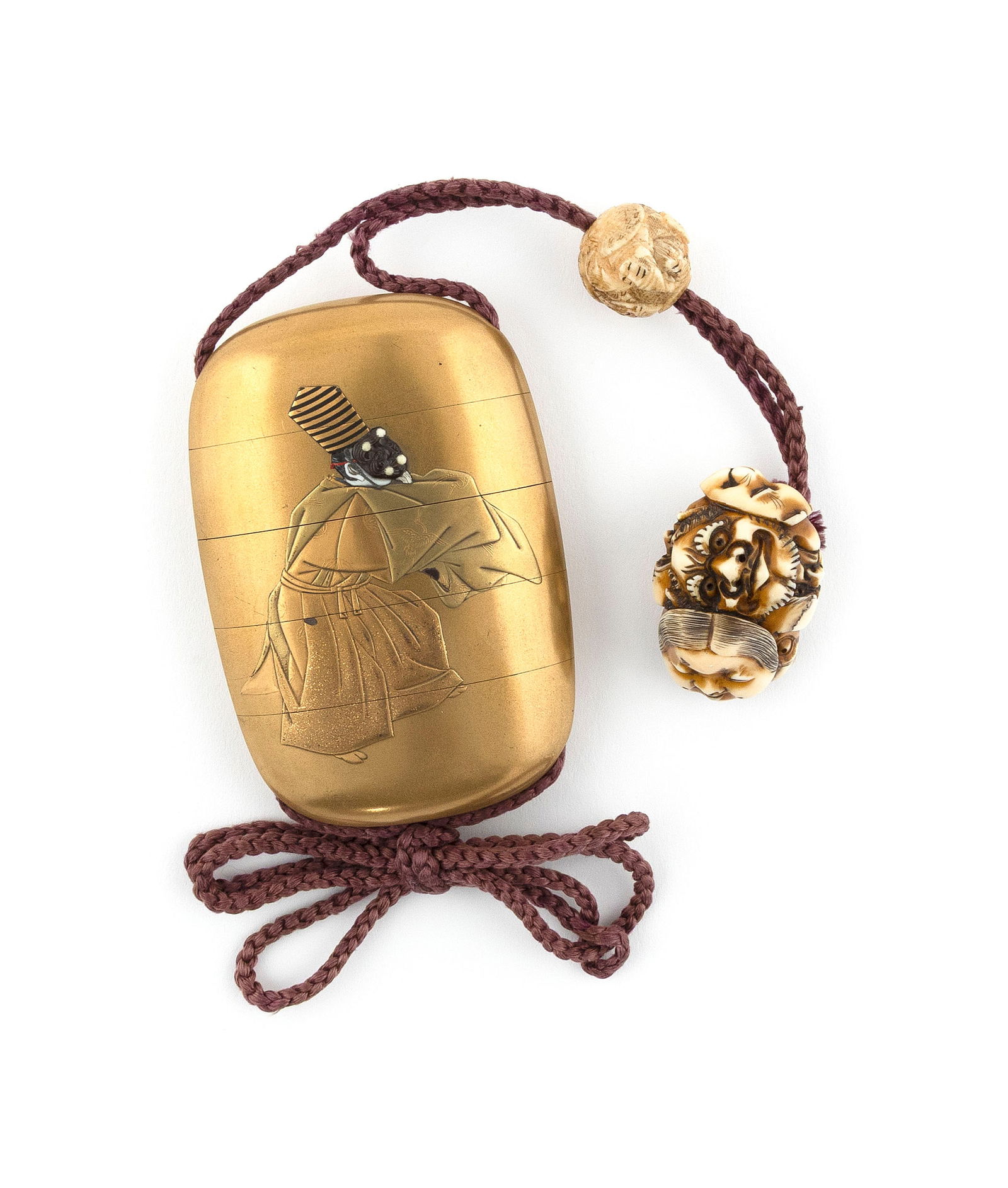 JAPANESE GILT LACQUER FOUR-CASE INRO BY KOGYOKUSAI 19th Century Inro length 3.5". Ojime diameter: JAPANESE GILT LACQUER FOUR-CASE INRO BY KOGYOKUSAI19th CenturyInro with a Noh dancer on both sides. Both dancers with an inlaid ivory, wood and lacquer mask. Nashiji interior. Signed faintly on bottom