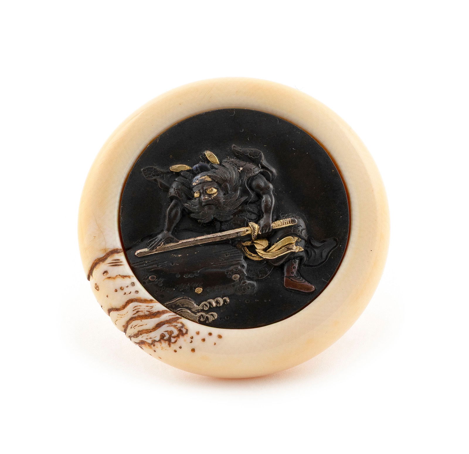 JAPANESE IVORY AND MIXED KAGAMIBUTA NETSUKE 19th Century Diameter 1.875". (1 of 3)