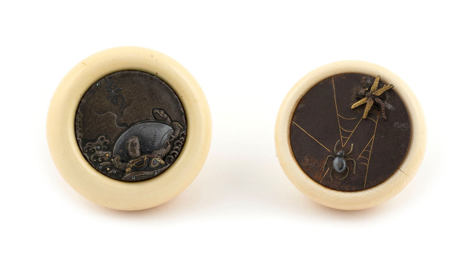 TWO JAPANESE IVORY AND MIXED METAL KAGAMIBUTA NETSUKE 19th Century (1 of 2)