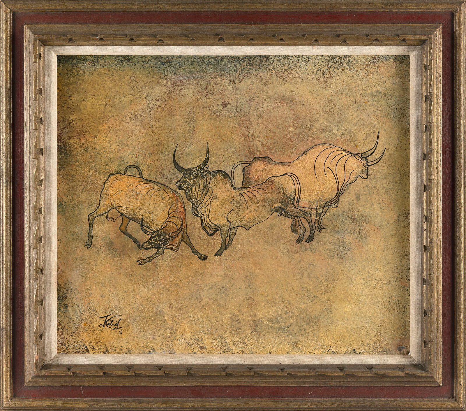 KHALED AL-RAHAL (Iraq, 1926-1987), Three bulls., Oil on board, 19.5" x 23". Framed 27" x 31".