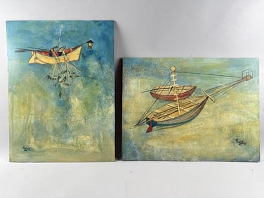 KHALED AL-RAHAL (Iraq, 1926-1987), Two fishing scenes., Both 18" x 24". Unframed.