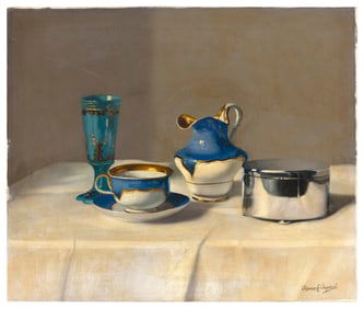 ROMEK ARPAD (Hungary, 1883-1960), Tabletop still life in mostly blues and whites., Oil on canvas,