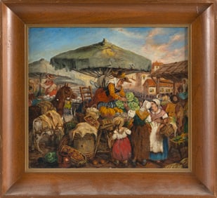 CONTINENTAL SCHOOL (Early 20th Century,), Busy market scene., Oil on masonite, 11.75" x 13.5".
