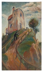 CONTINENTAL SCHOOL (Late 19th/Early 20th Century,), Man walking up a steep path to a rustic house.,