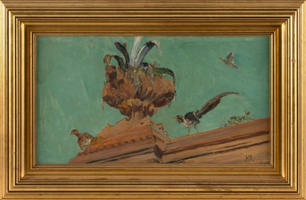 KARL JULIUS HEINRICH YENS (California/Germany, 1868-1945), Pheasants on a rooftop., Oil on board, 9"