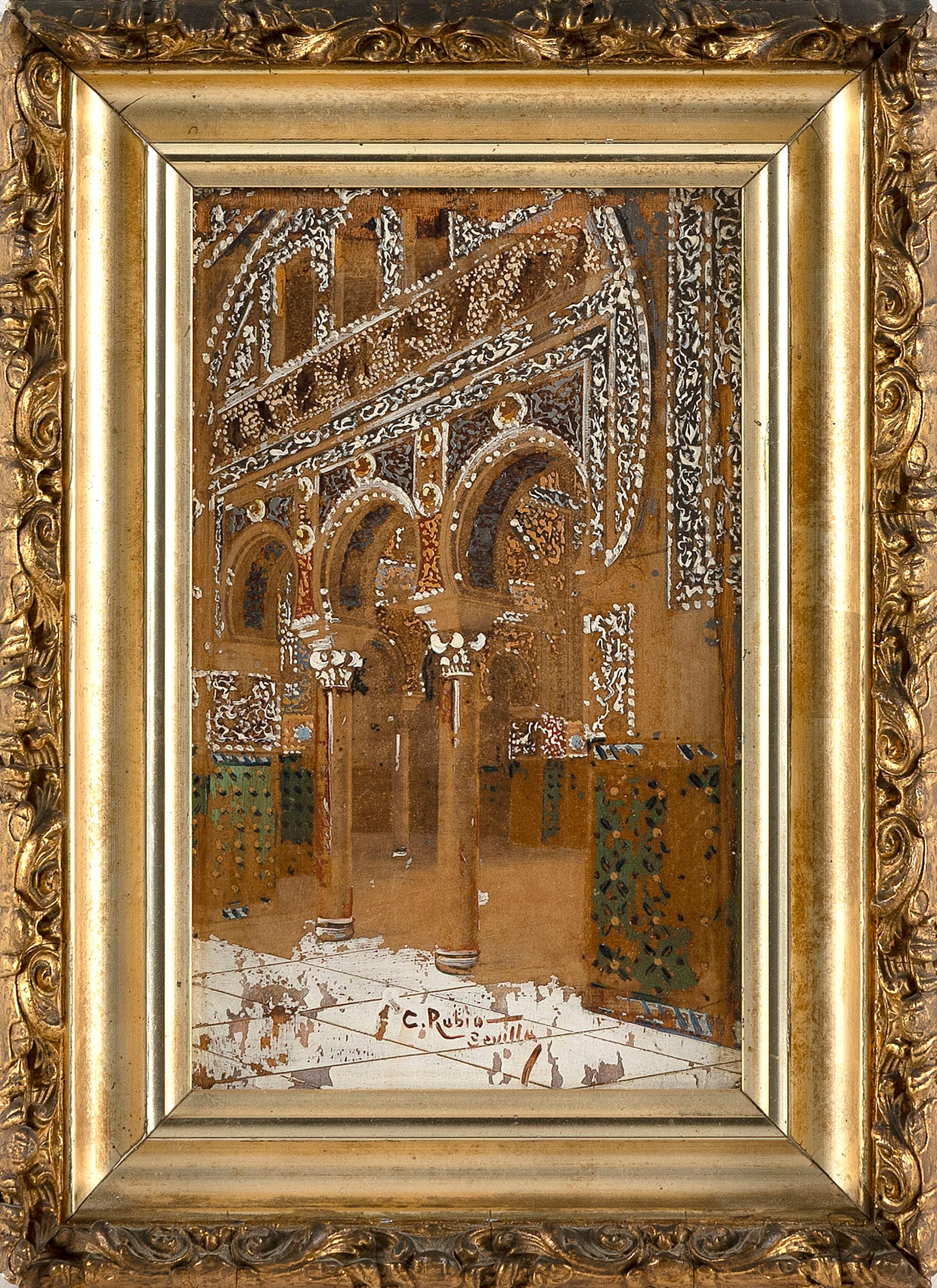 CARLOS FRANCO RUBIO (Spain, 1951-), "Sevilla Arches"., Oil on wood panel, 8" x 5". Framed 10.5" x: CARLOS FRANCO RUBIOSpain, 1951-"Sevilla Arches". Signed lower center "C. Rubio".Oil on wood panel, 8" x 5". Framed 10.5" x 7.5".