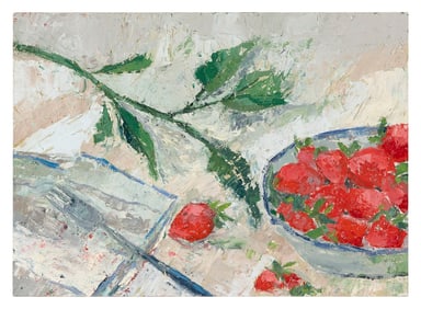 DIANA FORBES (England, Contemporary), "Strawberry Stained"., Oil on board, 8.25" x 10.75". Unframed.