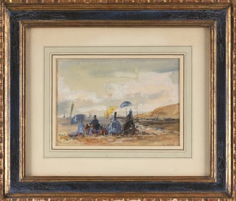 FRENCH SCHOOL (19th or 20th Century,), Figures on a beach., Watercolor on paper, 6" x 8.5". Framed
