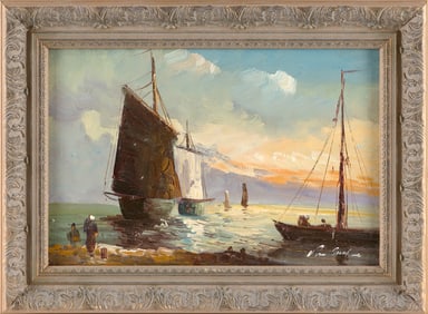DUTCH SCHOOL (20th Century,), Boats off the coast., Oil on canvas, 7.75" x 11.75". Framed 10.5" x