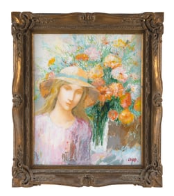 CHRISTIAN LANIER (Switzerland, 1939-), Lady wearing a straw hat standing beside a large bouquet.,