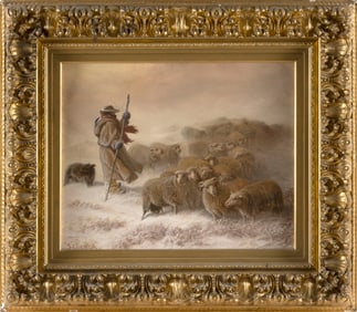 AUGUST FRIEDRICH ALBRECHT SCHENCK (Germany/France, 1828-1901), Shepherd and his flock in a snow