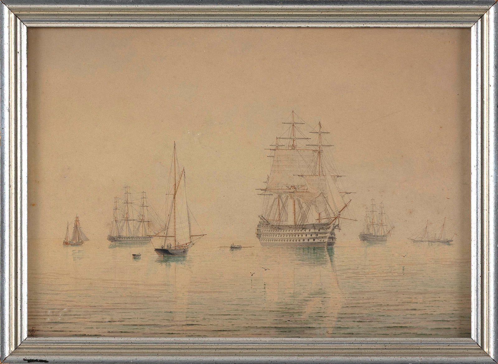 WILLIAM FREDERICK SETTLE (United Kingdom, 1821-1897), British man-o'-war in calm seas, circa 1875.,: WILLIAM FREDERICK SETTLEUnited Kingdom, 1821-1897British man-o'-war in calm seas, circa 1875. Signed with artist's monogram "WFS" lower left.Watercolor, 8.75" x 12.5" sight. Framed 10.25" x 14.25". Pr