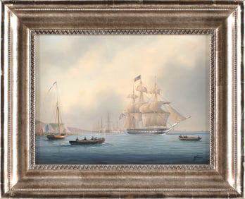 TIM THOMPSON (England, 1951-), Harbor scene., Oil on canvas, 12" x 16". Framed 18" x 21.75".