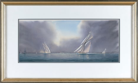 TIM THOMPSON (England, 1951-), Sailboats in a bay., Watercolor on paper, 9" x 20.5". Framed 17.5" x