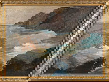 AMERICAN SCHOOL (20th Century,), Rocky coastal scene., Oil on canvas, 20" x 38". Framed 32" x 42".