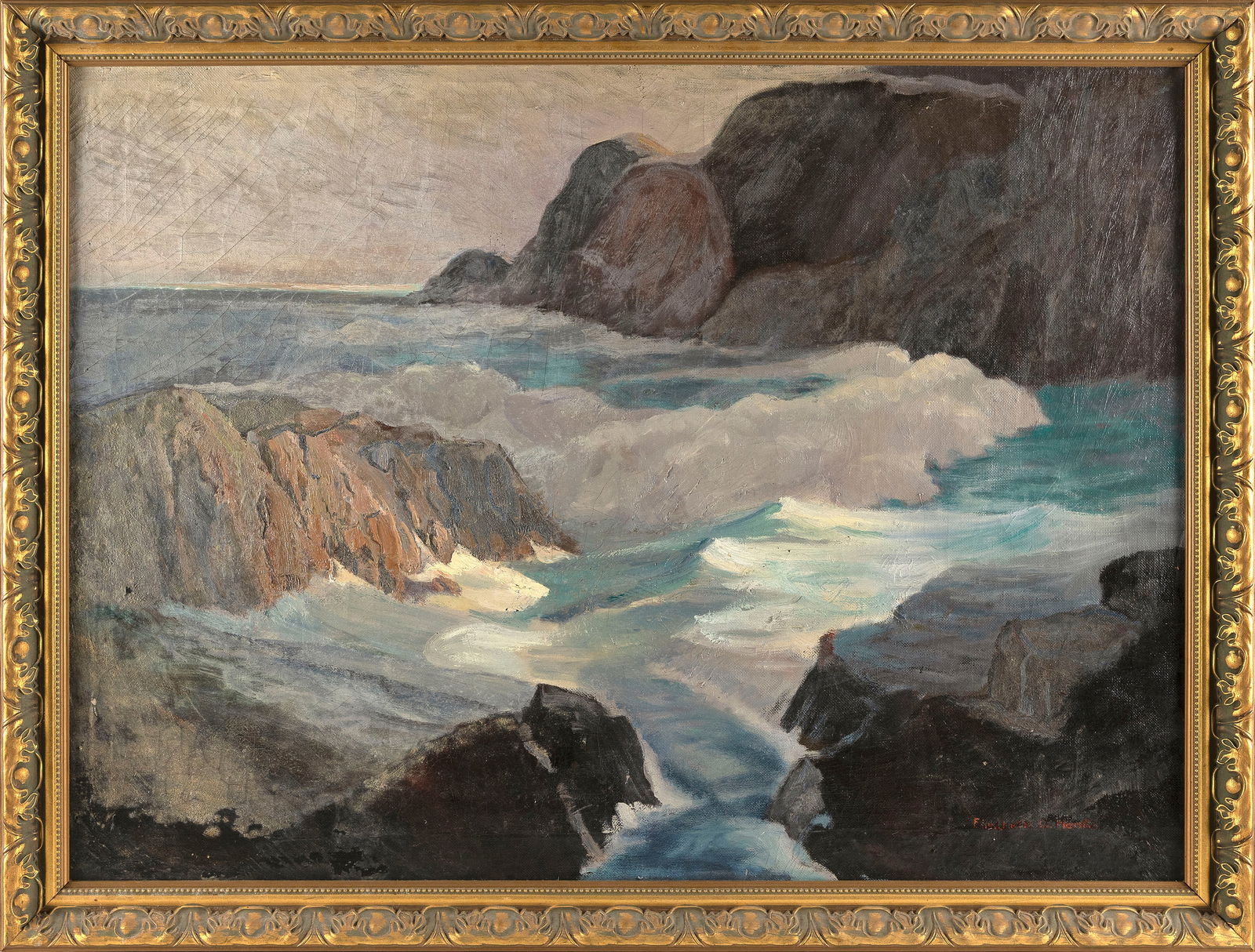 AMERICAN SCHOOL (20th Century,), Rocky coastal scene., Oil on canvas, 20" x 38". Framed 32" x 42". (1 of 2)