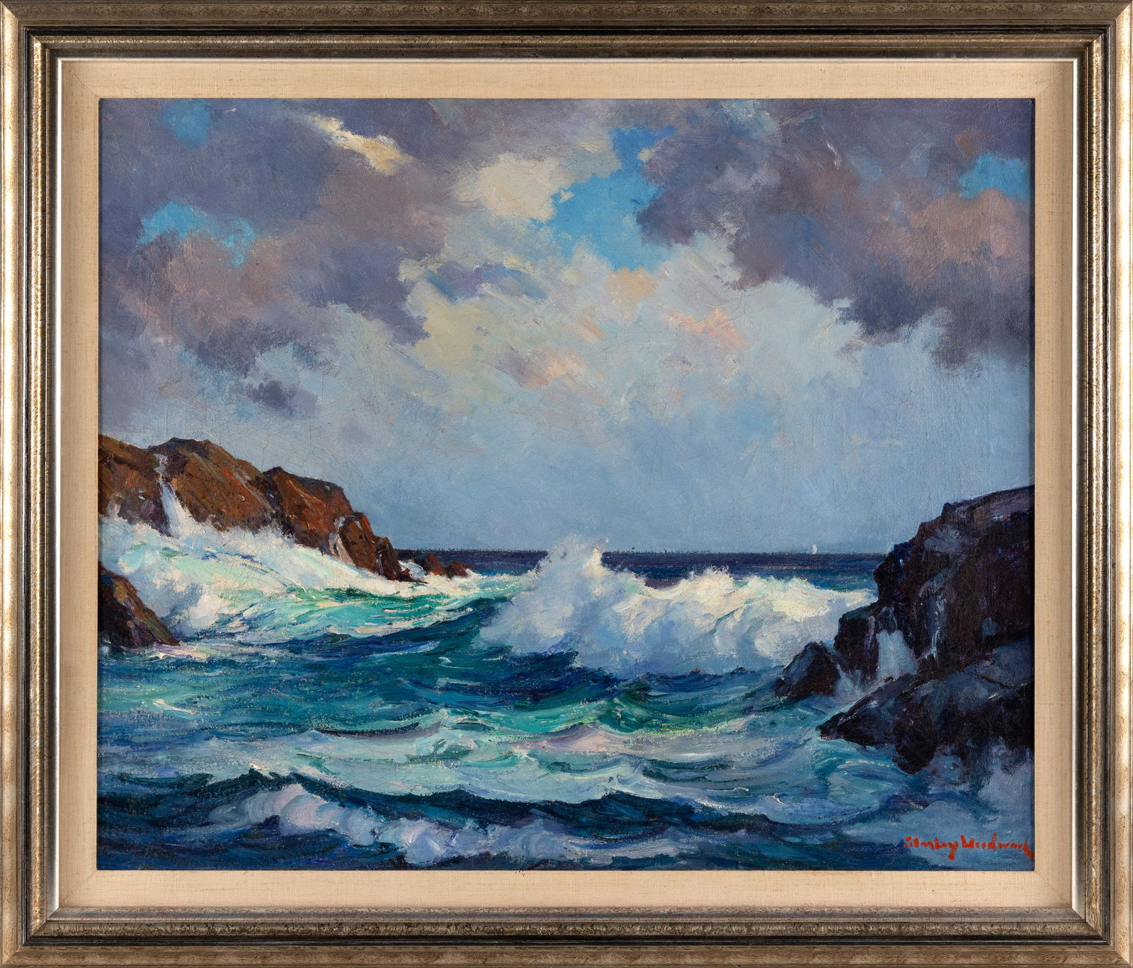 STANLEY WINGATE WOODWARD (Massachusetts, 1890-1970), Rolling surf., Oil on canvas, 25" x 30". Framed (1 of 2)