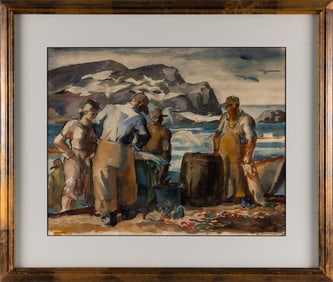 AMERICAN SCHOOL (20th Century,), Fishermen, likely Monhegan Island., Watercolor on paper, 18.5" x