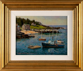 DONALD ALLEN MOSHER (Massachusetts, 1945-2014), "Fish Beach, Monhegan"., Oil on canvas, 12" x 16".