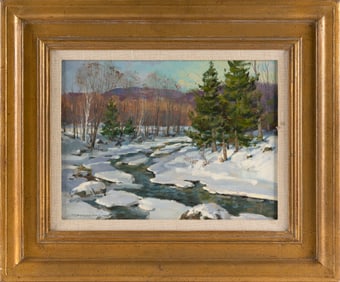 DONALD ALLEN MOSHER (Massachusetts, 1945-2014), River through a snow-covered forest., Oil on canvas,