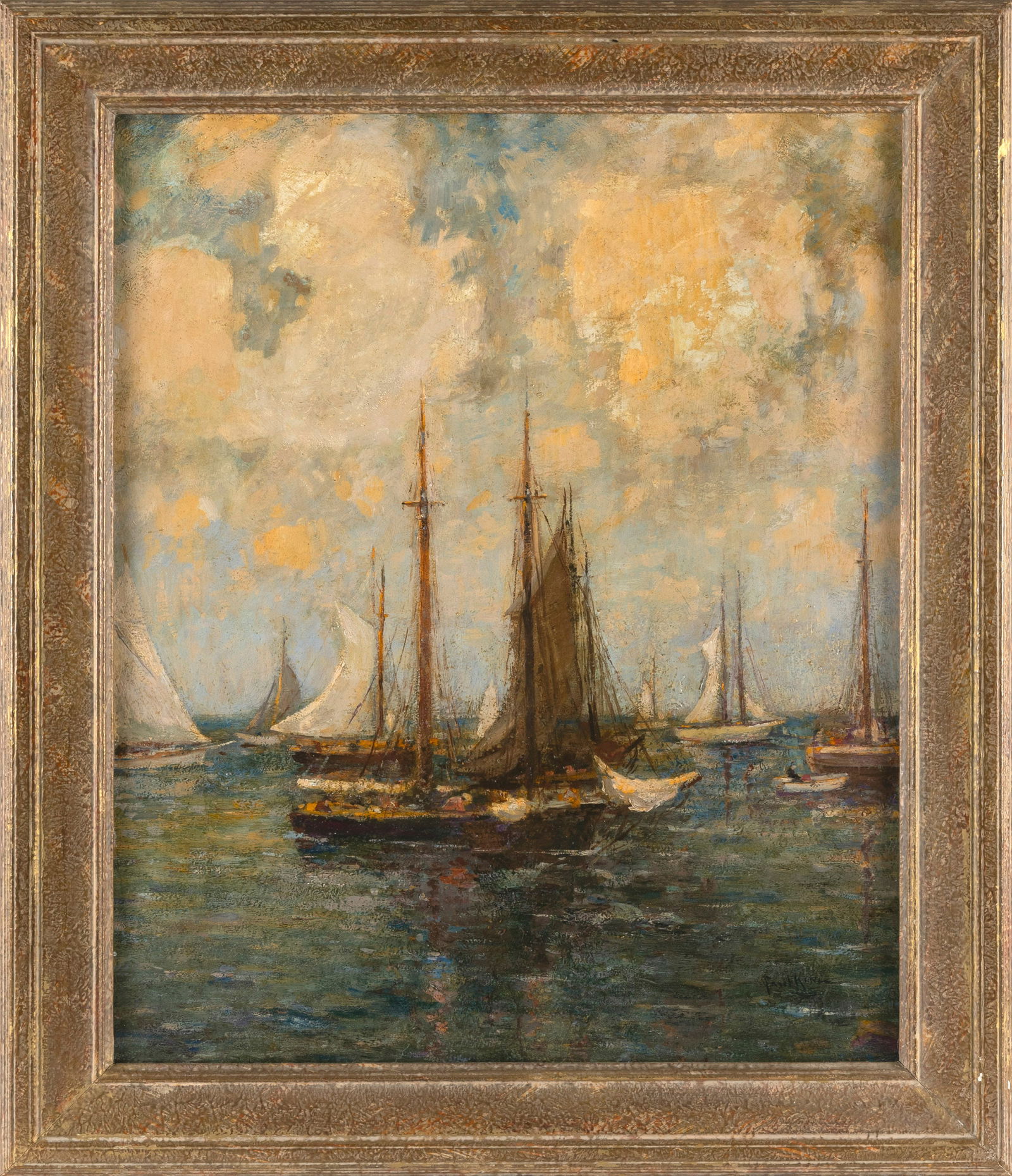 PAUL BERNARD KING (New York/Pennsylvania, 1867-1947), "Drifting Clouds"., Oil on board, 24" x 20".: PAUL BERNARD KINGNew York/Pennsylvania, 1867-1947"Drifting Clouds". Signed lower right "Paul King". Titled verso.Oil on board, 24" x 20". Framed 29.5" x 25.5".