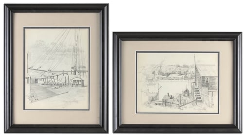 CARL HAROLD NORDSTROM (Massachusetts, 1876-1965), Two harbor scenes., Pencils on paper, 11" x 8.5"
