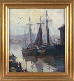 ALICE ESTELLE MOFFATT JAMES (Massachusetts, 1889-1970), "Draggers Docked, Gloucester, Mass."., Oil