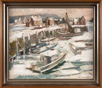 CHARLES GORDON MARSTON (Massachusetts, 1898-1980), Winter, Rockport Harbor., Oil on canvas, 22" x