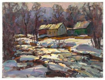 THOMAS R. CURTIN (Vermont/Massachusetts, 1899-1977), Winter scene with stream and barns., Oil on
